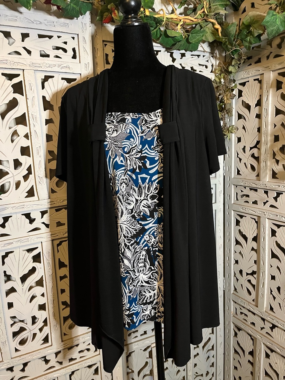 PERSEPTION NICE BLACK & TURQUOISE SHORT SLEEVE OPEN FRONT DRAPED CARDIGAN TOP